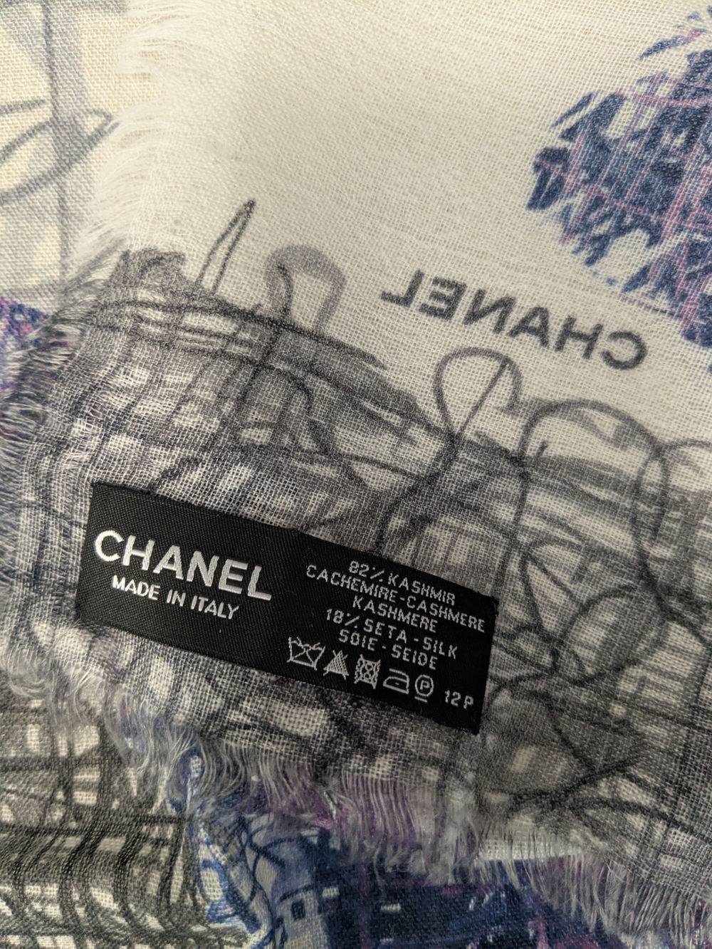 CHANEL Scarf White Black Purple Graffiti CC Logo Cashmere Silk Scarf Shawl NIB - Picture 5 of 6